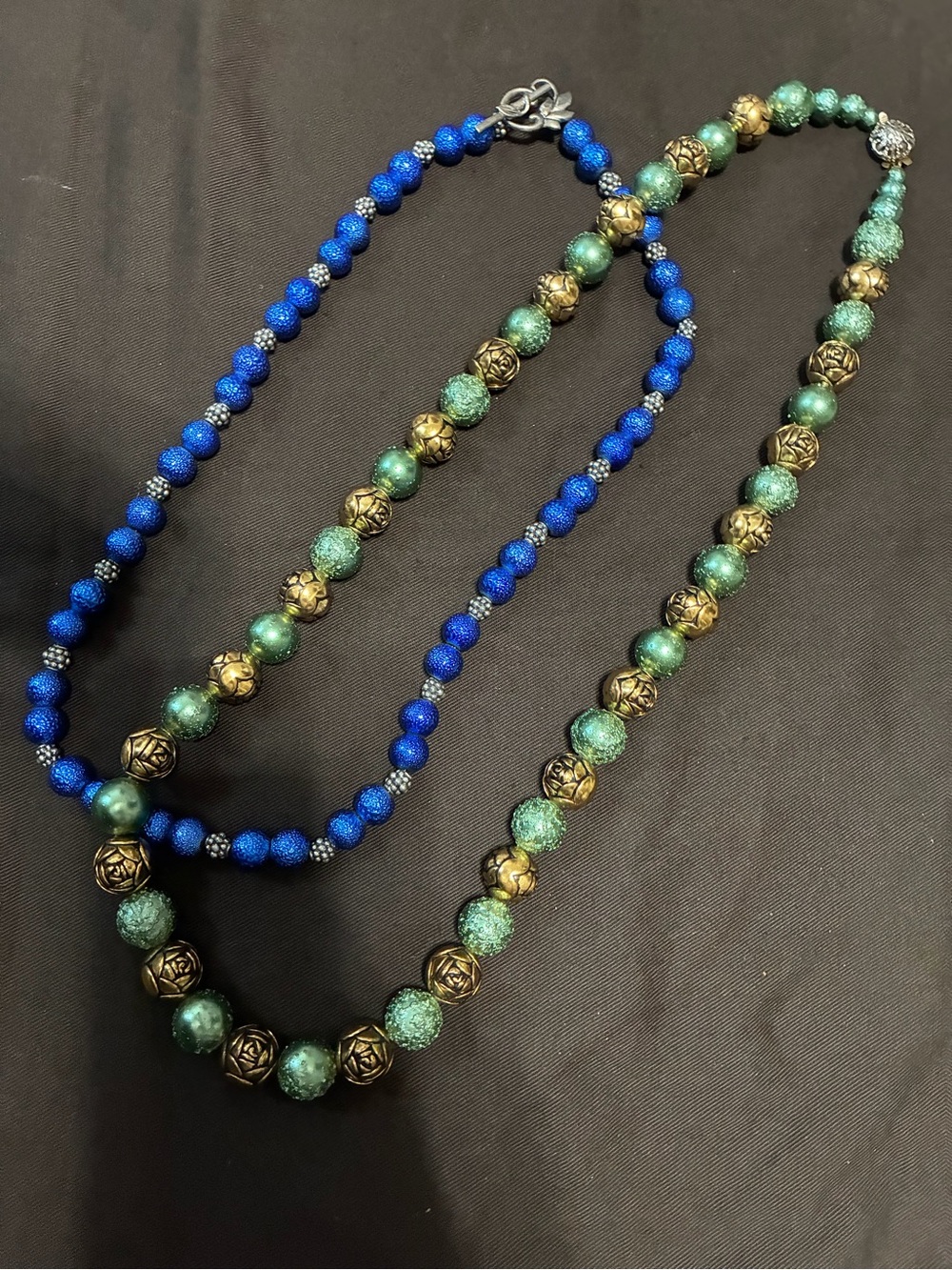 Vintage Blue and Green Beaded Necklaces with Antique Gold Accents- set of 2